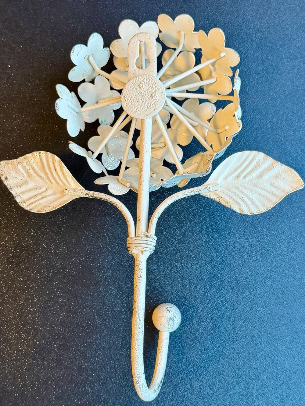 Metal Hydrangea Flower Wall Hook Teal White Distressed Rustic Coat Hanger⁠